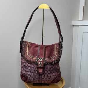 Coach SoHo Vintage Studded Mini Signature Hobo Flap Bag F11405 Plum Berry